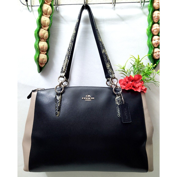 Coach Christie Black & Nude Colorblock Carryall Pebbled Leather Satchel Bag - Picture 1 of 15